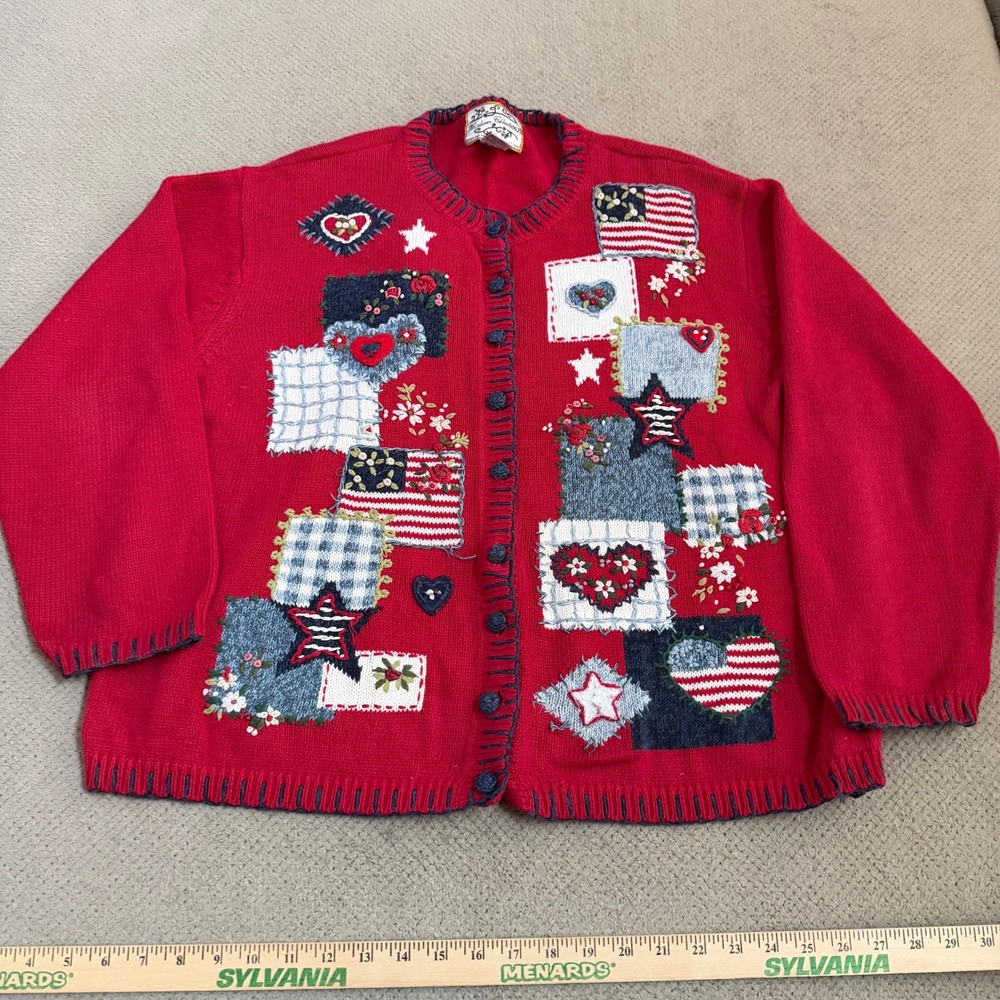 Vintage 2002 Heirloom Collectibles Red Americana Patchwork Cardigan Sweater XL